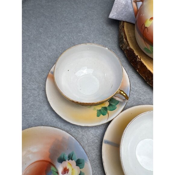 Japanese Hand-Painted Tea Set Floral Pattern - Teapot Creamer Sugar Bowl Cups & - Picture 7 of 16